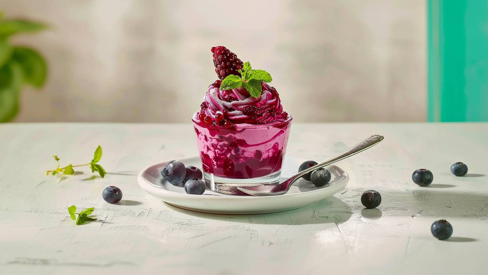 Ein Glas mit lila gefärbtem Eis steht auf einem weißen Teller. Das Eis ist mit Beeren und frischer Minze garniert. Neben dem Glas liegt ein Löffel und mehrere Heidelbeeren sind auf dem Tisch verteilt.