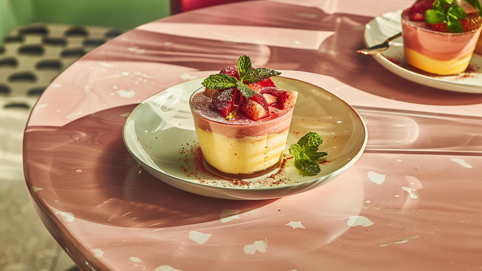 Ein Dessert in einem transparenten Becher, geschichtet mit gelber Creme und einer roten Fruchtschicht, garniert mit frischen Erdbeeren und Minze. Der Becher steht auf einem weißen Teller, der auf einem rosa Tisch platziert ist.