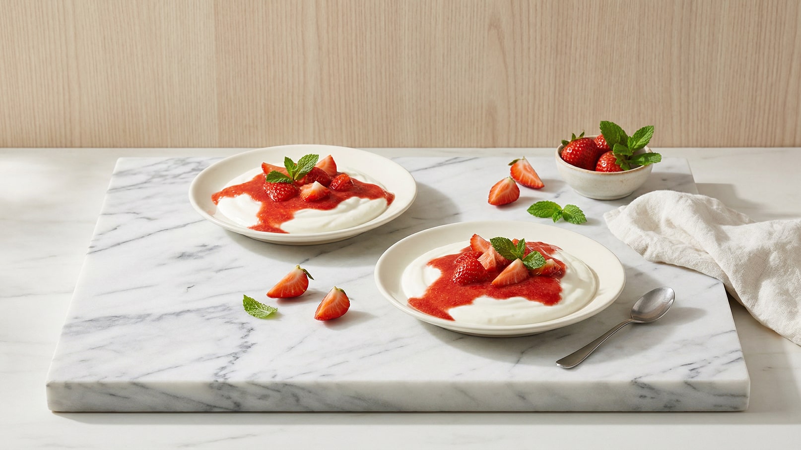 Zwei Schalen mit Joghurt, bedeckt mit frischer Erdbeersauce und ganzen Erdbeeren, stehen auf einem Marmorbrett. Minzblätter dekorieren die Servierplatten. Im Hintergrund sind weitere Erdbeeren und ein Löffel sichtbar.
