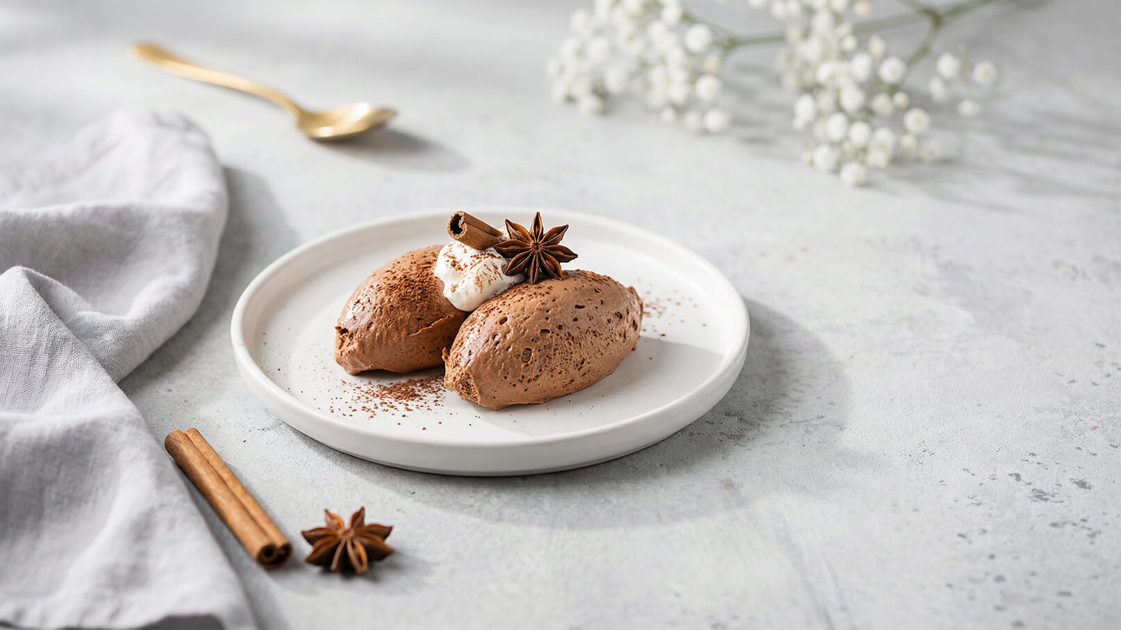 Ein weißer Teller mit zwei Portionen Schokoladenmousse, dekoriert mit einem Klecks Sahne, einer Zimtstange und einem Sternanis. Der Teller liegt auf einer grauen Oberfläche, umgeben von einem grauen Tuch und einer Zimtstange.