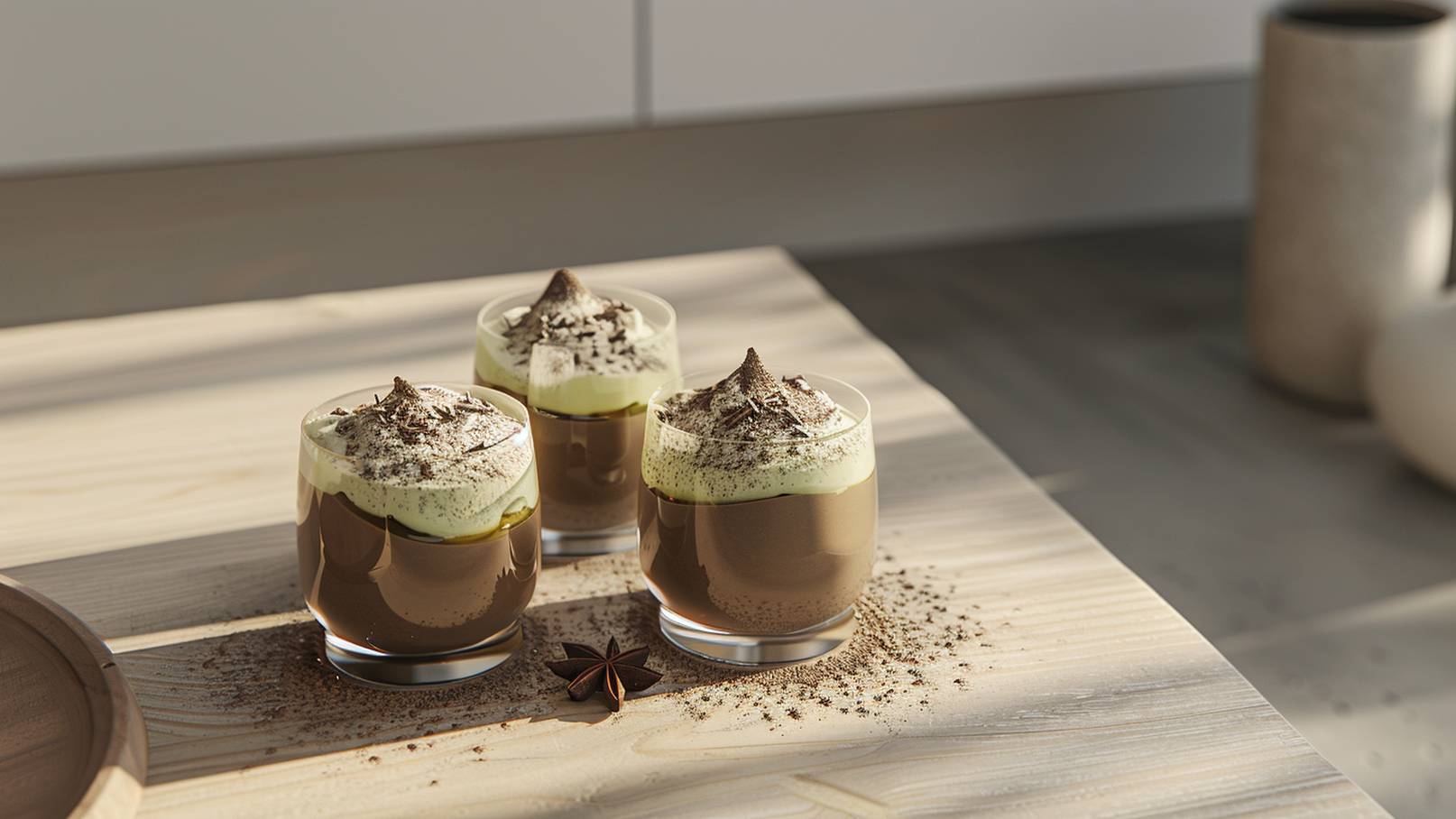 Drei Gläser mit einer Schicht aus dunkler Schokoladencreme, getoppt mit heller, schaumiger Creme und Kakao- oder Schokoladenraspeln. Sie stehen auf einem Holztablett, umgeben von einer leichten Schicht Kakaopulver.