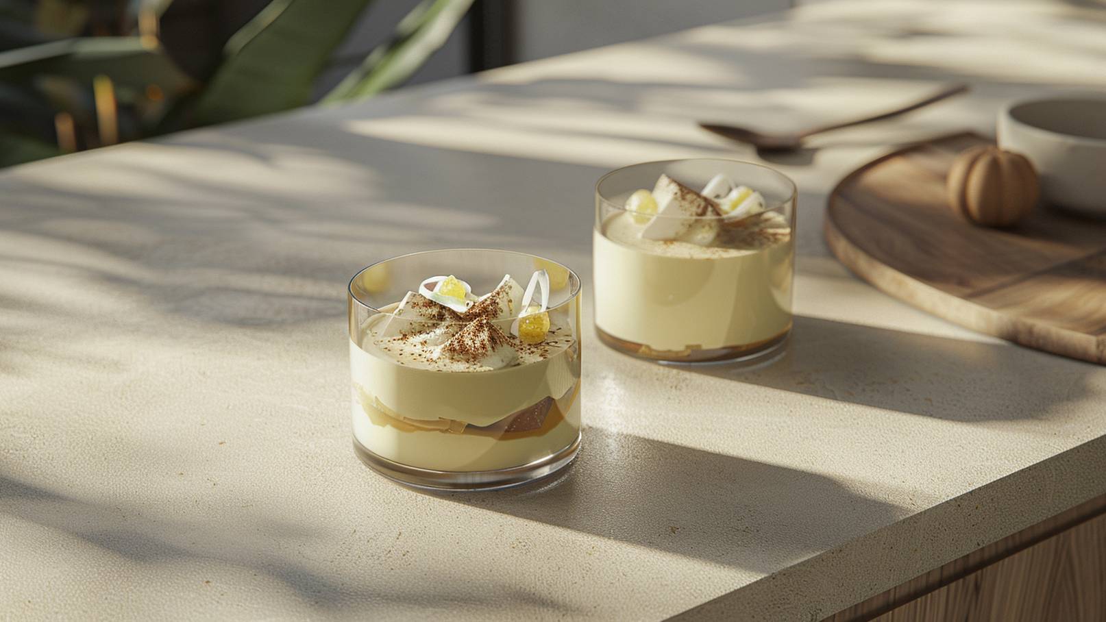 Zwei Dessertgläser stehen auf einem hellen Tisch. Die Gläser enthalten eine cremige Schicht, dekoriert mit Kokosraspeln und bunten Fruchstückchen. Sonnenlicht wirft sanfte Schatten auf die Tischoberfläche, die eine gemütliche Atmosphäre schafft.