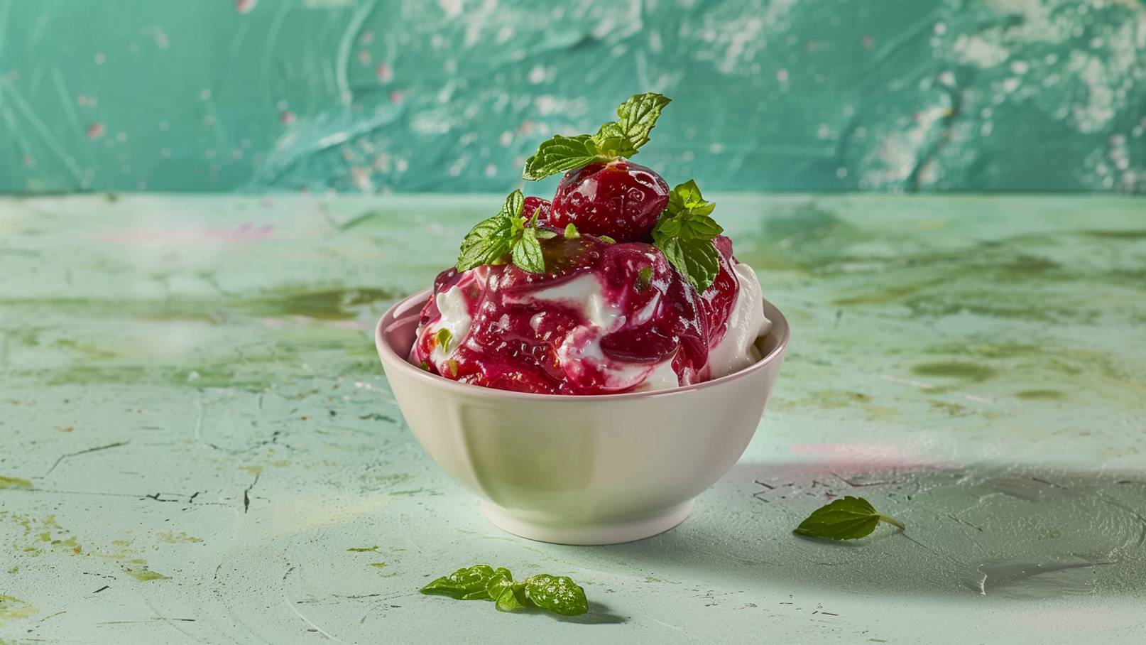 Eine Schüssel mit Eiscreme, überzogen mit roter Fruchtsauce, die mit frischen Minzblättern und Stückchen von roten Früchten garniert ist. Der Hintergrund ist grün mit einer leicht strukturierten Oberfläche.