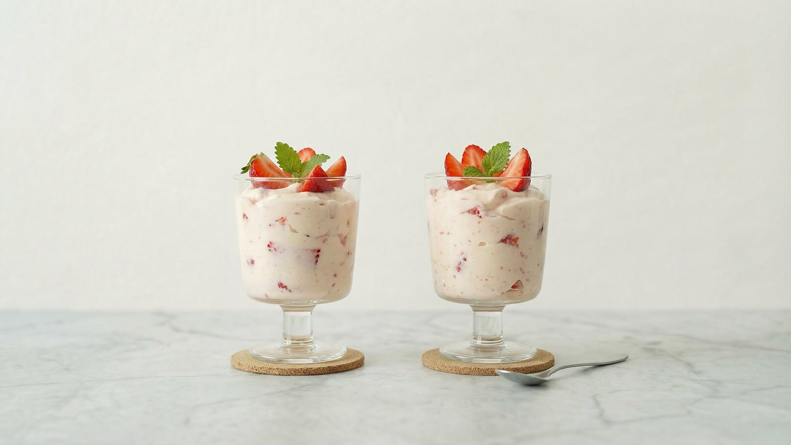 Zwei Gläser mit fruchtigem Erdbeermousse, garniert mit frischen Erdbeeren und Minzblättern. Die Gläser stehen auf einem hellen Untergrund. Ein Löffel liegt daneben.