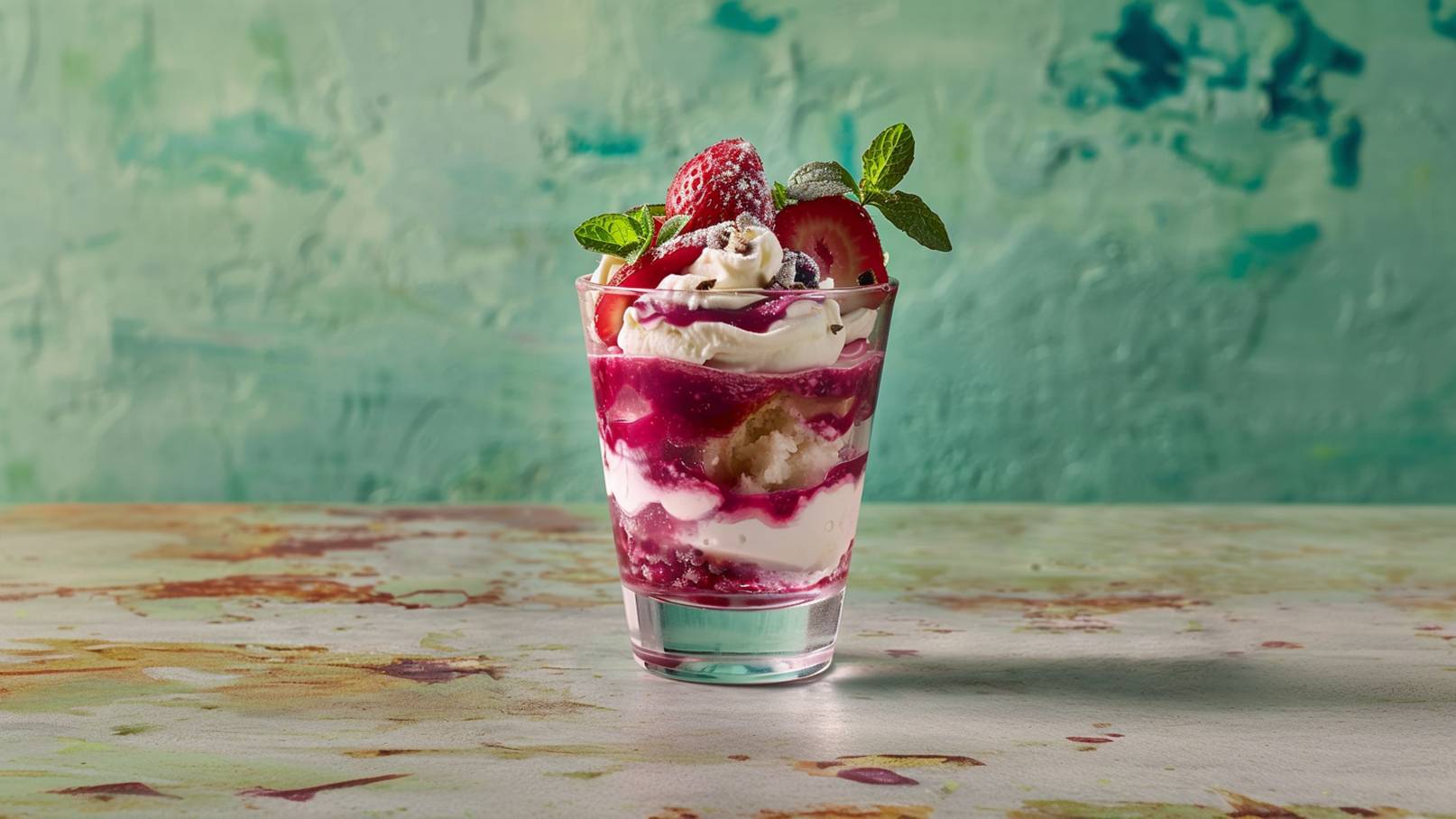 Ein Glas Dessert mit geschichteten Schichten aus Sahne, frischen Erdbeeren und einer tiefroten Fruchsoße. Das Dessert ist mit Minzblättern garniert und steht vor einem bunten, entspannten Hintergrund.