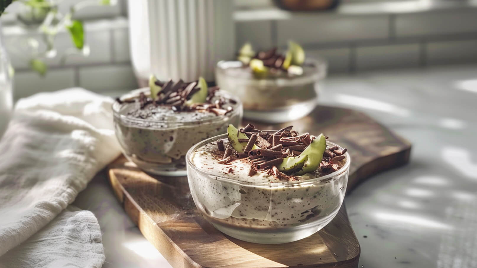 Drei Dessertschalen auf einem Holzbrett, gefüllt mit cremigem Dessert. Die oberste Schicht ist mit Schokoladenraspeln und Apfelstücken garniert. Im Hintergrund sind weitere Schalen zu sehen. Die Gesamtatmosphäre vermittelt ein frisches, einladendes Gefühl.