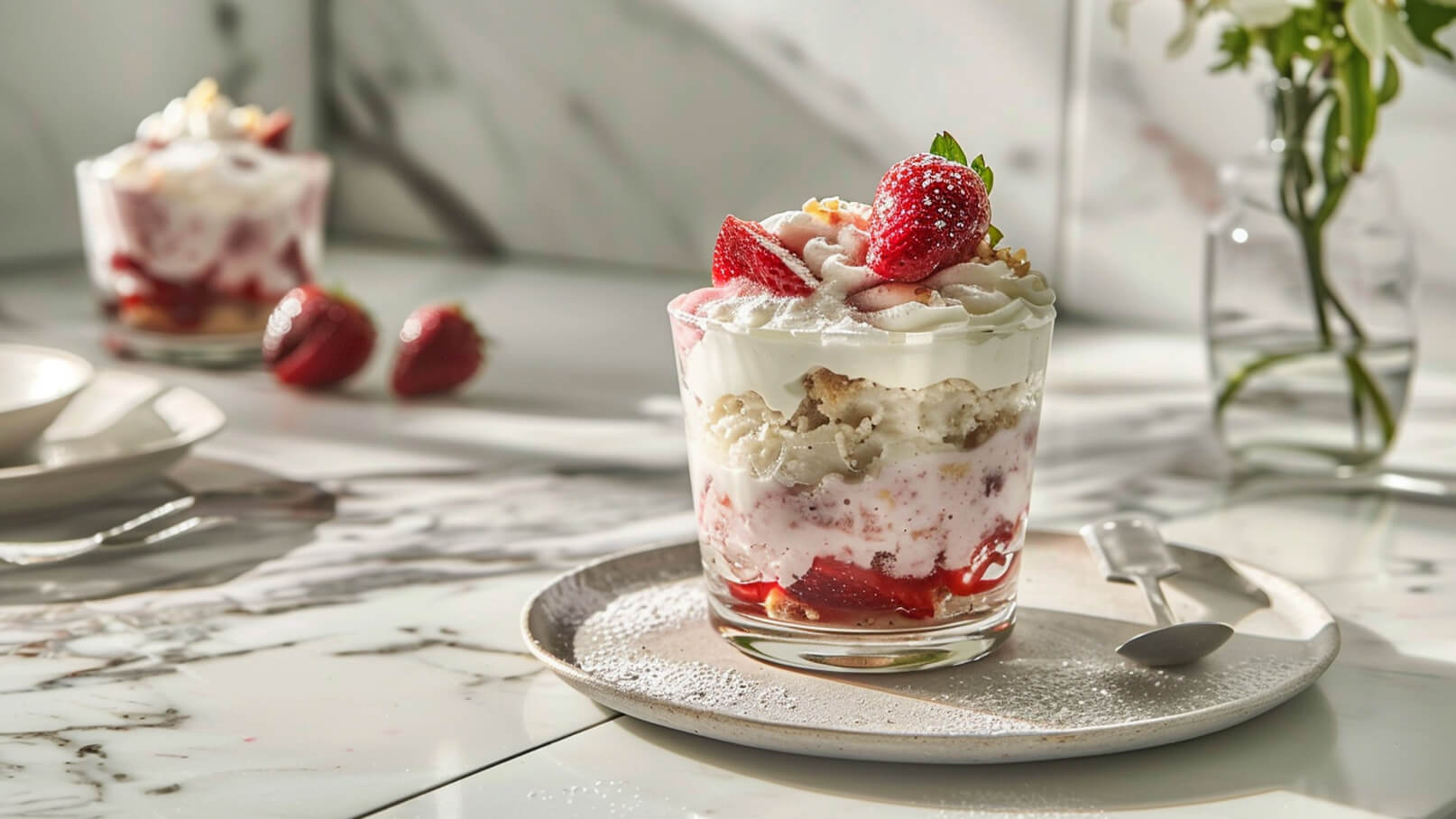 Ein Dessert im Glas besteht aus Erdbeeren, Sahne, Kuchenstücken und einer Schicht Erdbeermus. Es ist dekoriert mit frischen Erdbeeren und einem Hauch Puderzucker. Im Hintergrund sind weitere Erdbeeren und Geschirr sichtbar, der Tisch ist aus marmoriertem Material.