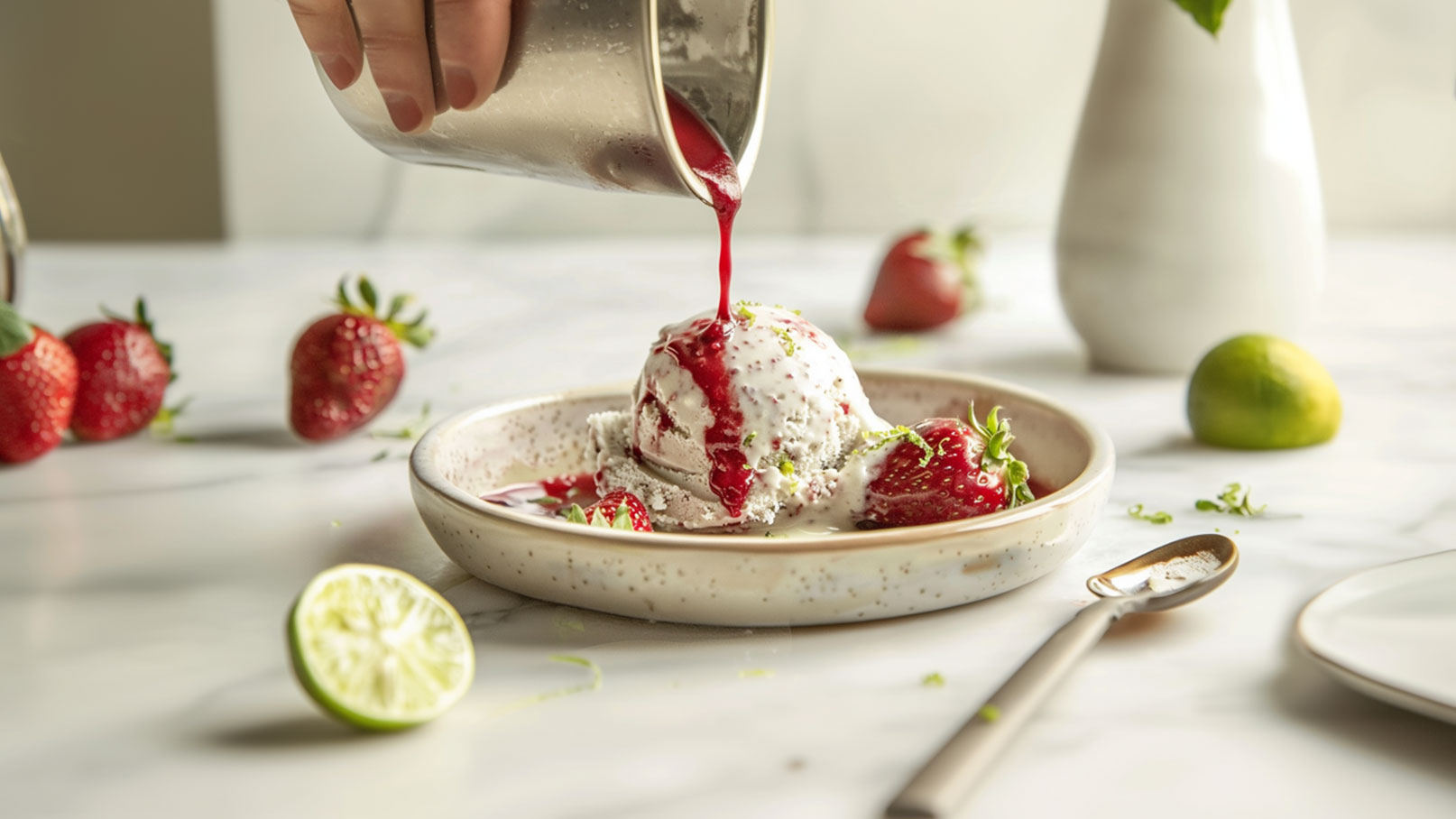 Ein Eiskugel auf einem Teller wird mit fruchtiger Sauce übergossen. Neben dem Eis liegen frische Erdbeeren und eine Limettenscheibe. Der Hintergrund ist hell und schlicht, was die Hauptbestandteile des Desserts hervorhebt.