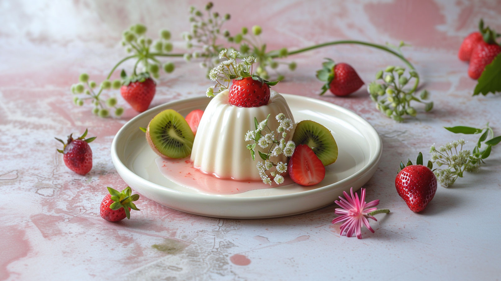 Ein elegantes Dessert aus panna cotta, garniert mit frischen Erdbeeren und Kiwis. Das Dessert steht auf einem weißen Teller, umgeben von weiteren Erdbeeren und kleinen Blumen, auf einem sanften rosa Hintergrund. Die Anordnung vermittelt eine frische und ansprechende Präsentation.