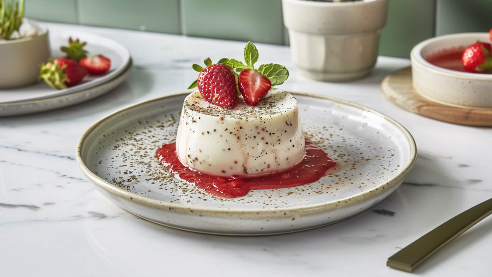 Ein cremiges Dessert auf einem Teller, umgeben von roter Fruchtsoße. Es ist mit frischen Erdbeeren und einem Minzblatt dekoriert. Hinter dem Dessert sind weitere Schalen mit Erdbeeren und Soße sichtbar.