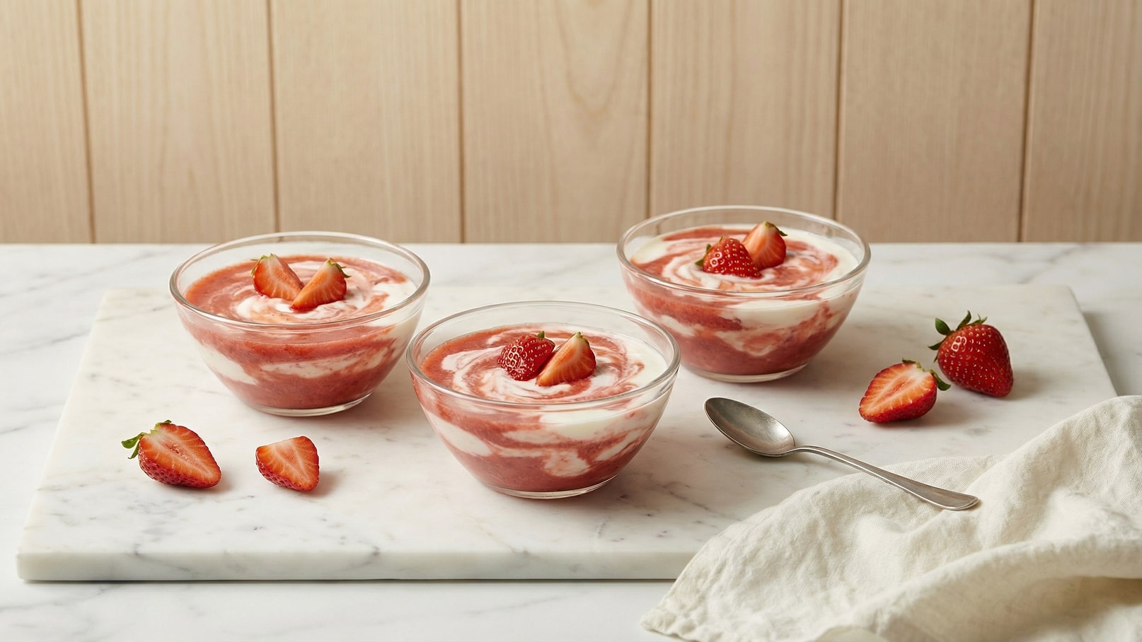 Drei transparente Schalen mit einer Erdbeer-Joghurt-Schicht, dekoriert mit frischen Erdbeeren, stehen auf einer Marmorplatte. Neben den Schalen liegen einige halbe Erdbeeren und ein silberner Löffel. Das Gesamtbild vermittelt eine frische und einladende Atmosphäre.
