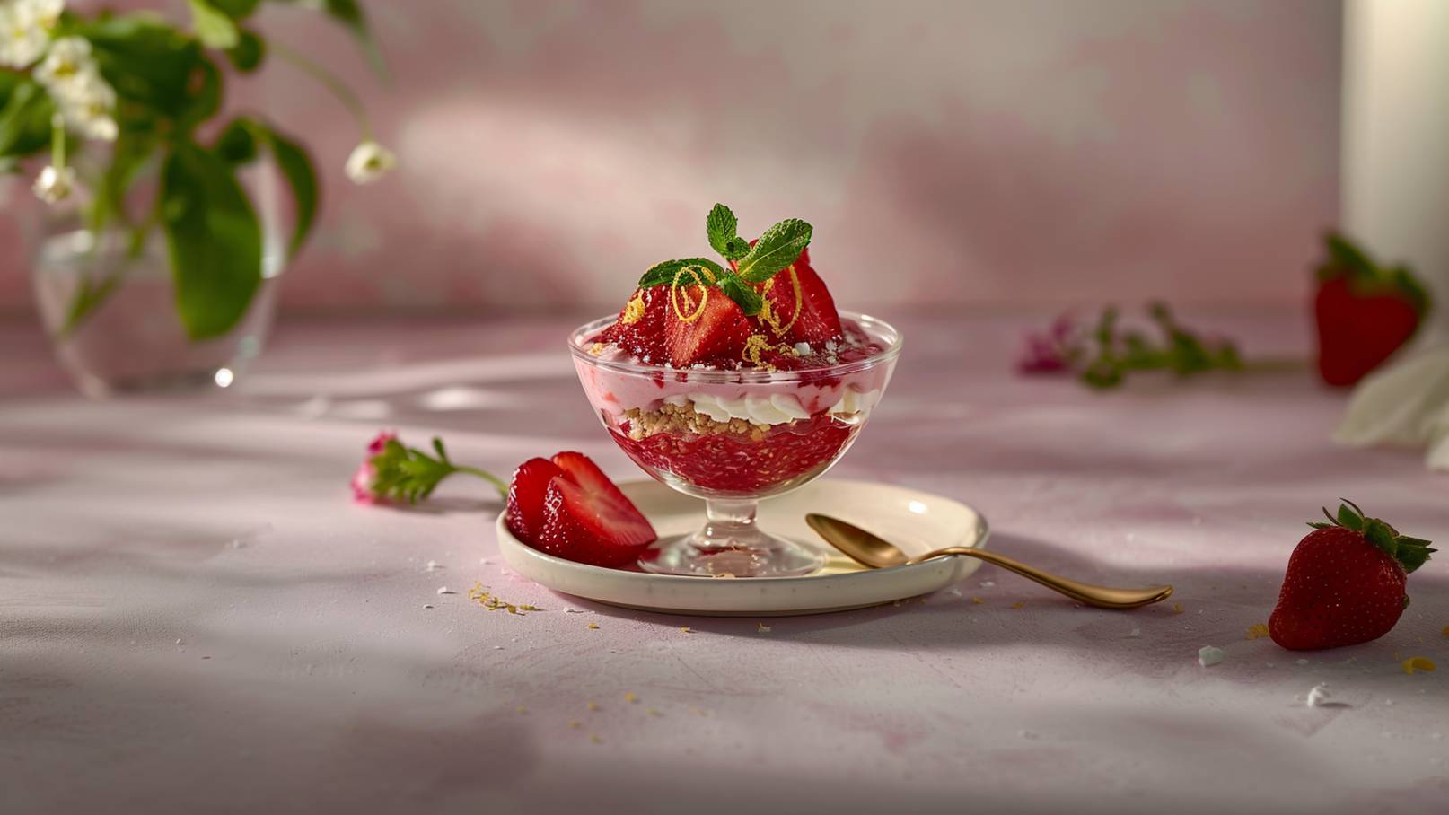 Eine elegante Schüssel mit einer Schicht aus Erdbeeren, Sahne und knusprigem Müsli. Das Dessert ist mit frischen Erdbeeren, Minzblättern und einer Prise Puderzucker garniert. Neben der Schüssel liegt ein kleiner goldener Löffel auf einem weißen Teller.