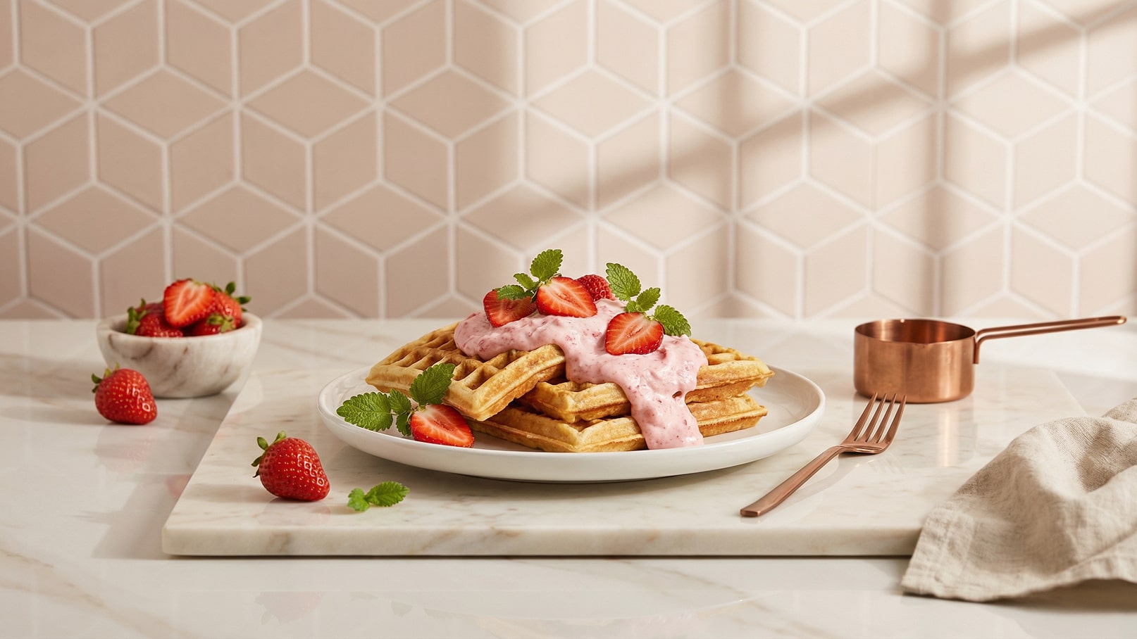 Ein Teller mit Waffeln, bedeckt mit Erdbeeren und einer rosa Sahnefüllung, ist im Vordergrund zu sehen. Daneben befindet sich eine kleine Schüssel mit frischen Erdbeeren. Im Hintergrund ist eine geometri­sche Wand in sanften Farben. Ein Besteck und eine Kupfermessbecher sind ebenfalls sichtbar.