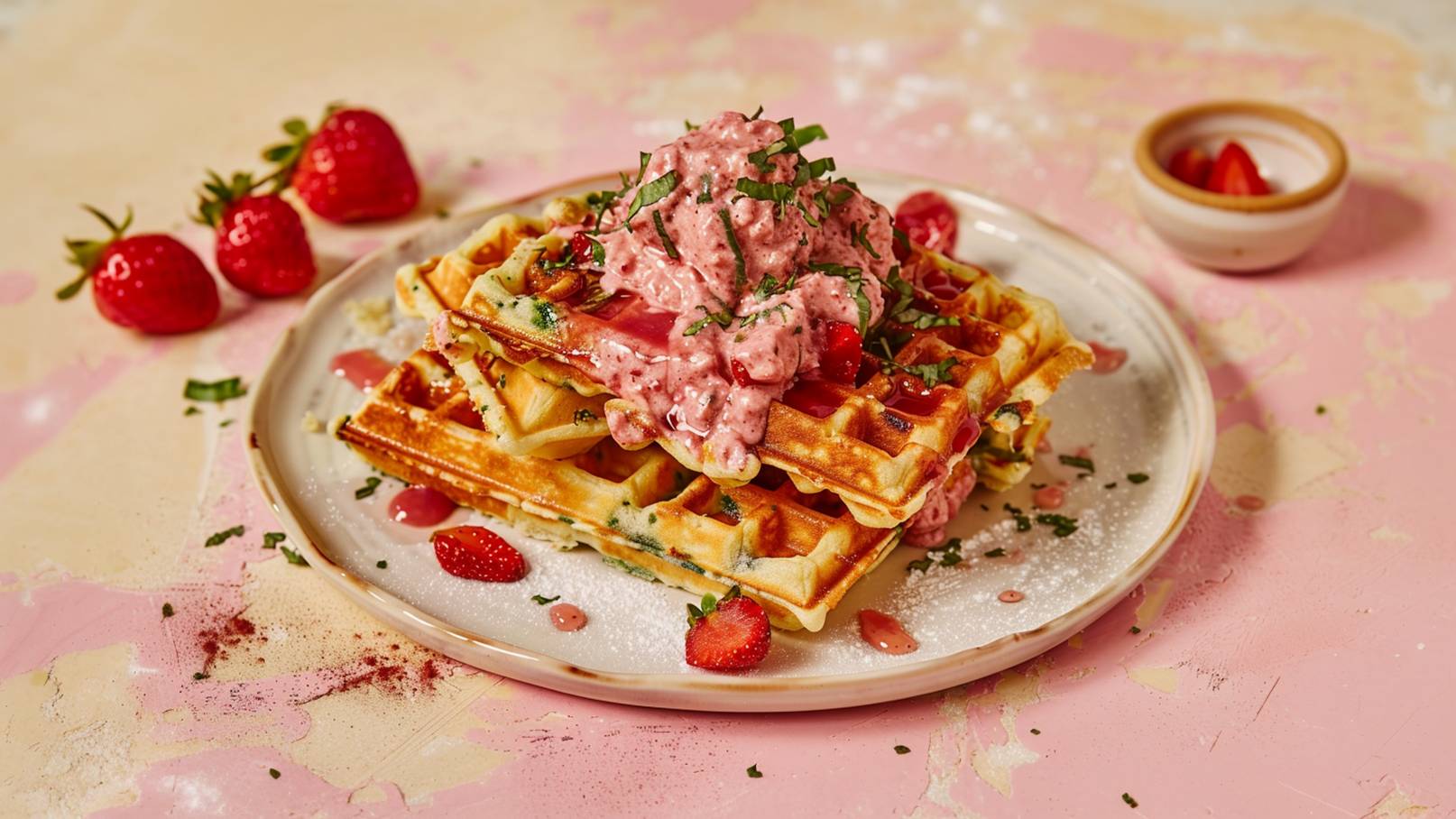 Auf einem Teller liegen mehrere Waffeln übereinander, belegt mit einer rosa-fruchtigen Creme und frischen Erdbeeren. Gekrönt wird das Ganze von gehacktem Grün. Der Teller steht auf einer rosa-gestreiften Oberfläche.