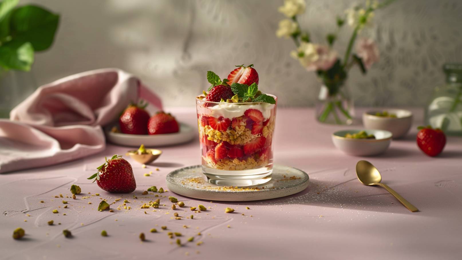 Ein Glas mit Schichtdessert aus Joghurt, frischen Erdbeeren, Haferflocken und gehackten Pistazien. Oben ist eine ganze Erdbeere und ein Minzblatt dekoriert. Im Hintergrund sind weitere Erdbeeren und kleine Schalen mit Pistazien sichtbar. Der Tisch ist rosa gedeckt.