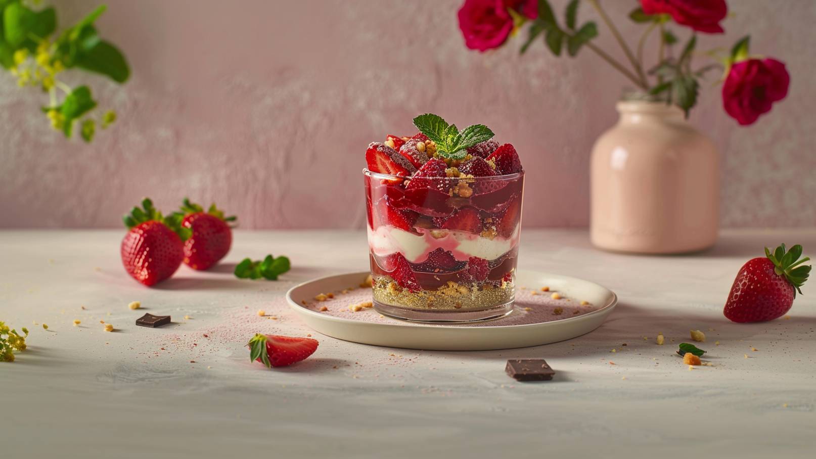 Ein Glas Dessert mit Schichten aus frischen Erdbeeren, einer cremigen Füllung und zerbröseltem Keksboden. Das Dessert ist mit Minzblättern garniert und auf einem Teller platziert, umgeben von weiteren Erdbeeren und Schokoladensplittern. Der Hintergrund ist in sanften Rosatönen gehalten.
