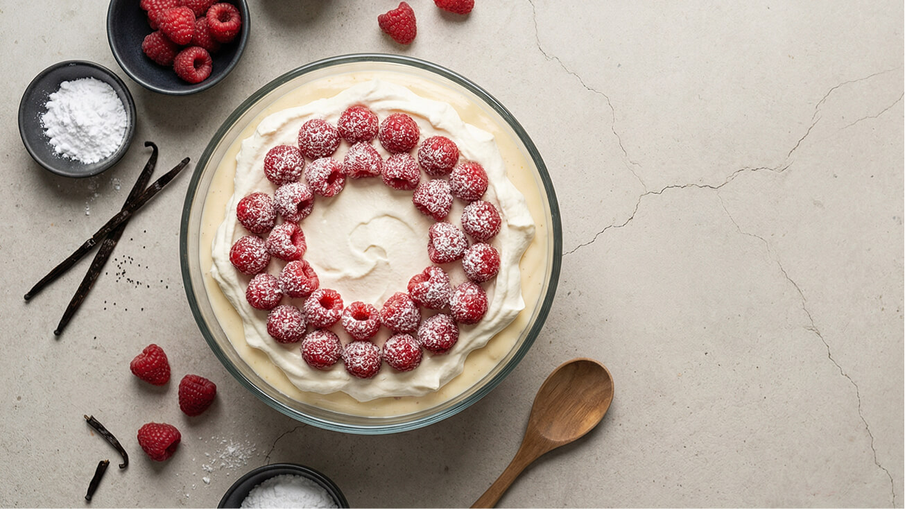 Eine Glasschüssel mit einer cremigen Schicht, dekoriert mit frischen Himbeeren und Puderzucker. Rund um die Schüssel liegen einige Himbeeren, eine Holzlöffel und kleine Schalen mit Zucker sowie Vanilleschoten. Der Hintergrund ist aus hellem, strukturiertem Material.