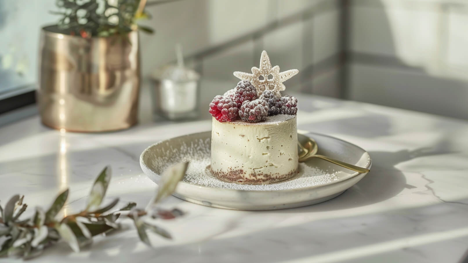 Ein hübsch dekorierter Kuchen auf einem Teller, bedeckt mit Puderzucker. Der Kuchen ist mit frischen Himbeeren und einer essbaren Weihnachtsstern-Dekoration versehen. Eine goldene Gabel liegt neben dem Teller. Der Hintergrund zeigt einen Lichtspiel durch Fenster.