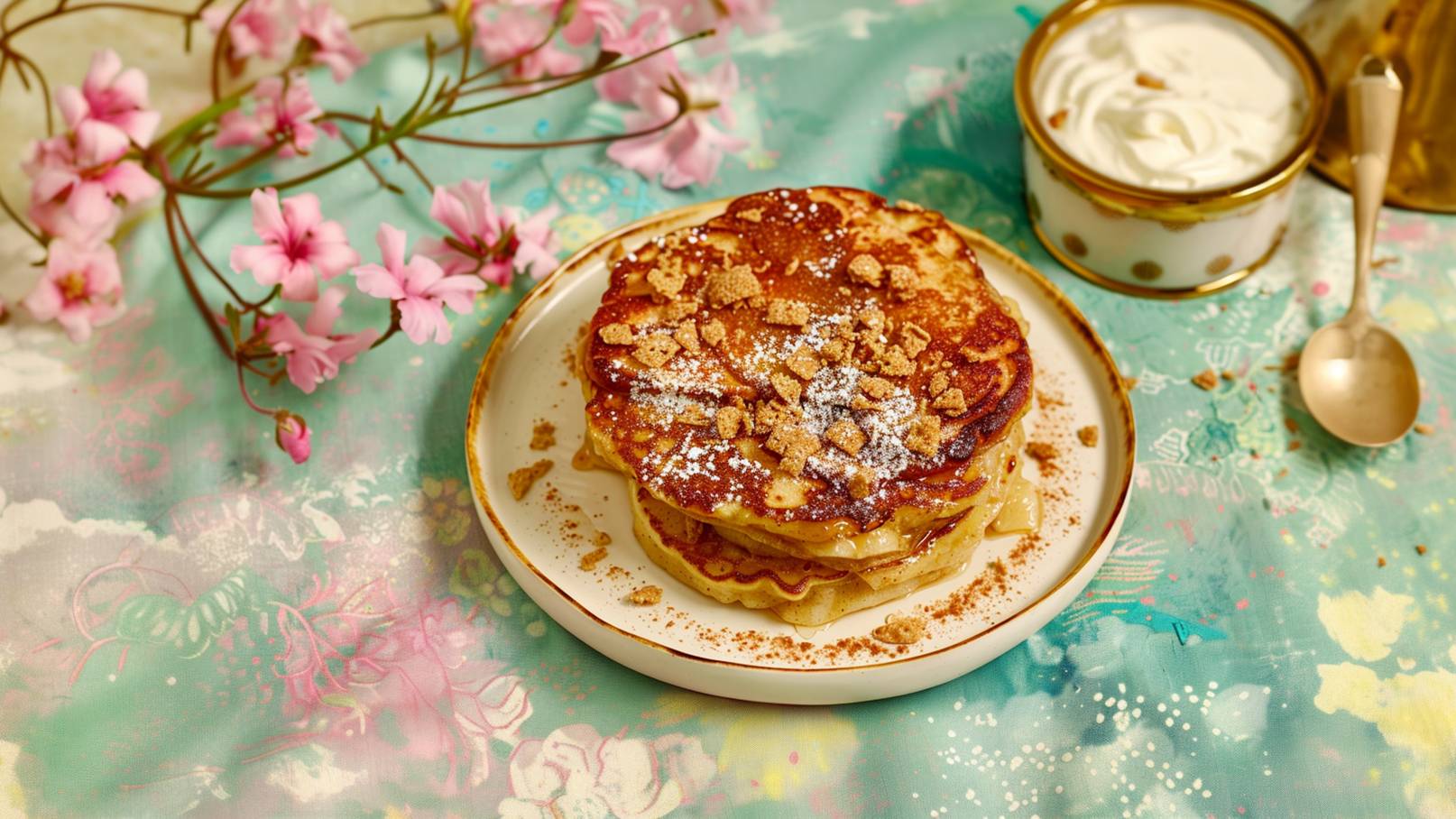 Ein Teller mit geschichteten, goldbraunen Pancakes ist mit zerbröselten Keksen und Puderzucker dekoriert. Im Hintergrund ist eine Schale mit Sahne und ein Silberlöffel zu sehen, umgeben von blühenden Zweigen und einem bunten Tischmuster.