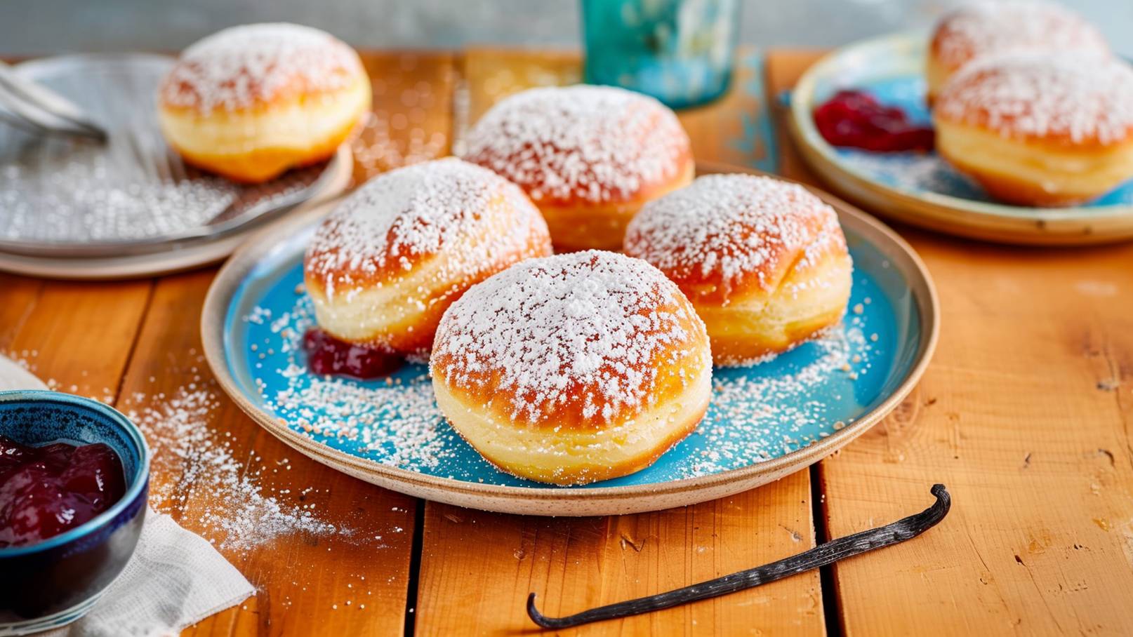 Auf dem Bild sind mehrere runde, mit Puderzucker bestäubte Krapfen auf einem blauen Teller zu sehen. Neben den Krapfen liegt eine Schale mit roter Marmelade. Der Hintergrund zeigt einen Holzschreibtisch und eine verschwommene, helle Umgebung.
