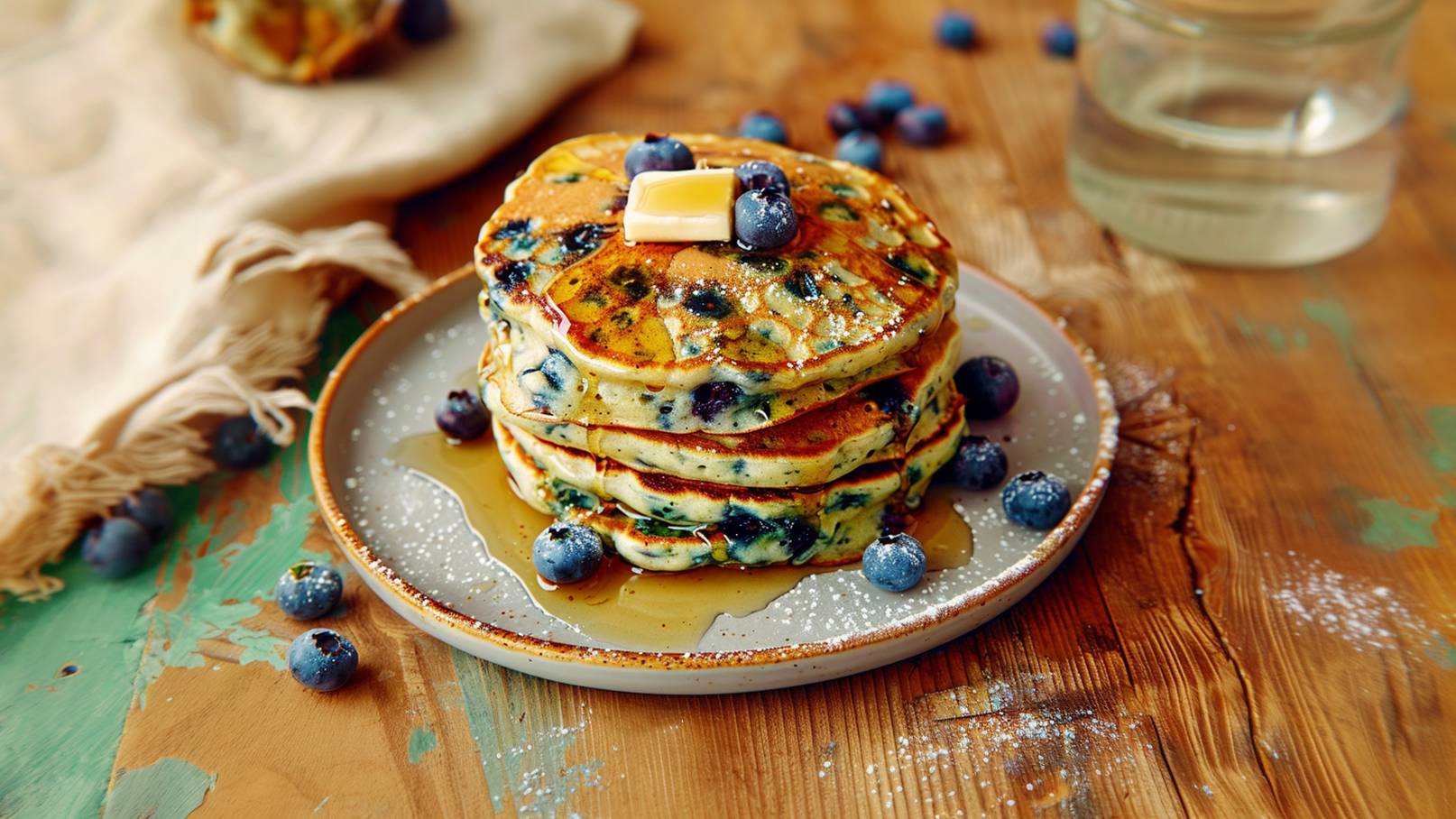 Ein Teller mit einem Stapel von drei frisch gebackenen Pfannkuchen, die mit Blaubeeren belegt sind. Ein kleines Stück Butter liegt oben drauf, und der Teller ist mit einem Schuss Sirup und Puderzucker bestäubt. Blaubeeren sind um den Teller verstreut.