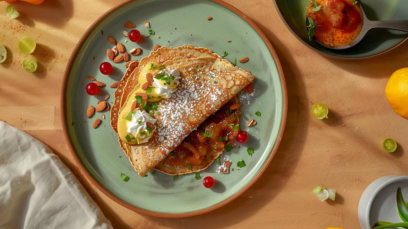 Auf einem hellgrünen Teller liegen frisch gebackene Pfannkuchen, gefüllt mit einer süßen Fruchtsoße und Sahne. Über die Pfannkuchen sind gehackte Frühlingszwiebeln, Mandeln und Puderzucker gestreut. Rote Beeren und bunte Zutaten rundherum ergänzen das appetitliche Gericht.
