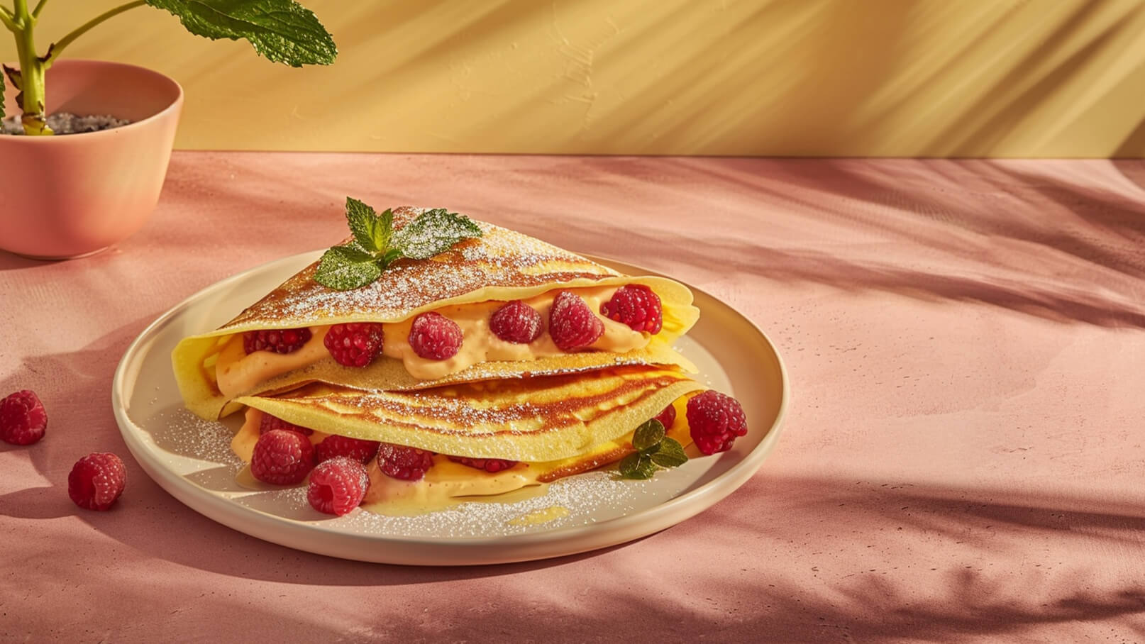 Zwei gefüllte crepes liegen auf einem weißen Teller. Die Crepes sind mit einer cremigen Füllung und frischen Himbeeren gefüllt. Darüber ist Puderzucker gestreut, und ein frisches Minzblatt verleiht dem Gericht eine dekorative Note. Der Hintergrund ist sanft und farbenfroh.