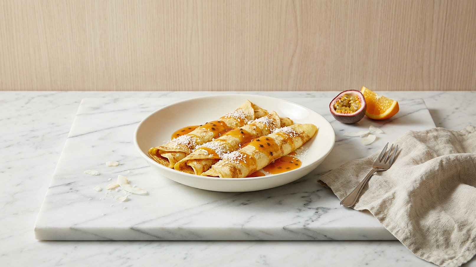 Ein Teller mit drei dünnen Pfannkuchen, garniert mit Kokosraspeln und einer orangenen Sauce. Daneben liegen eine halbierte Passionsfrucht und eine Orangenscheibe auf einem Marmortablett. Ein Besteckstück und ein Tuch ergänzen das Setting.