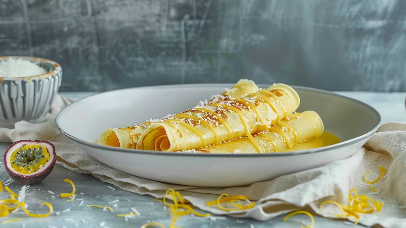 Ein Teller gefüllt mit drei gerollten Crêpes, die mit einer goldenen Sauce überzogen und mit Kokosraspeln bestreut sind. Neben dem Teller liegt eine halbe Passionsfrucht, umgeben von frischen Zitronenschalen. Das Gericht ist auf einem hellen, strukturierten Untergrund angerichtet.