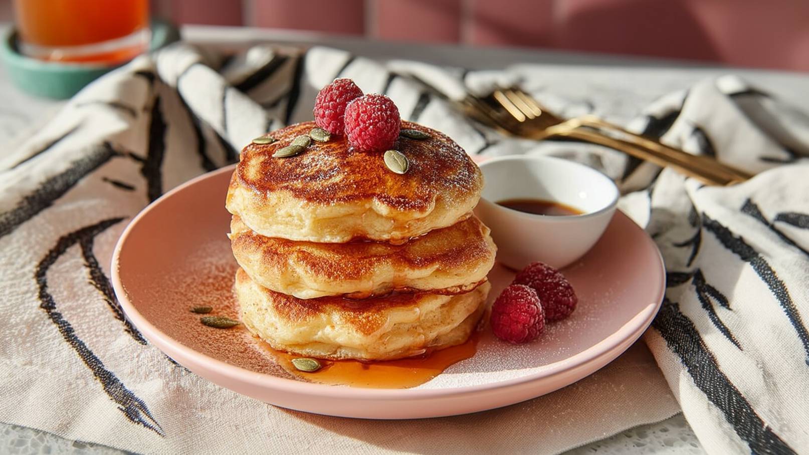 Ein Teller mit drei Stapeln fluffiger Pfannkuchen, garniert mit frischen Himbeeren und Kürbiskernen. Ein kleiner Schälchen mit Sirup steht daneben. Der Teller ist auf einem dezenten Tischdeckchen platziert, das den ansprechenden Anblick der Speise unterstreicht.
