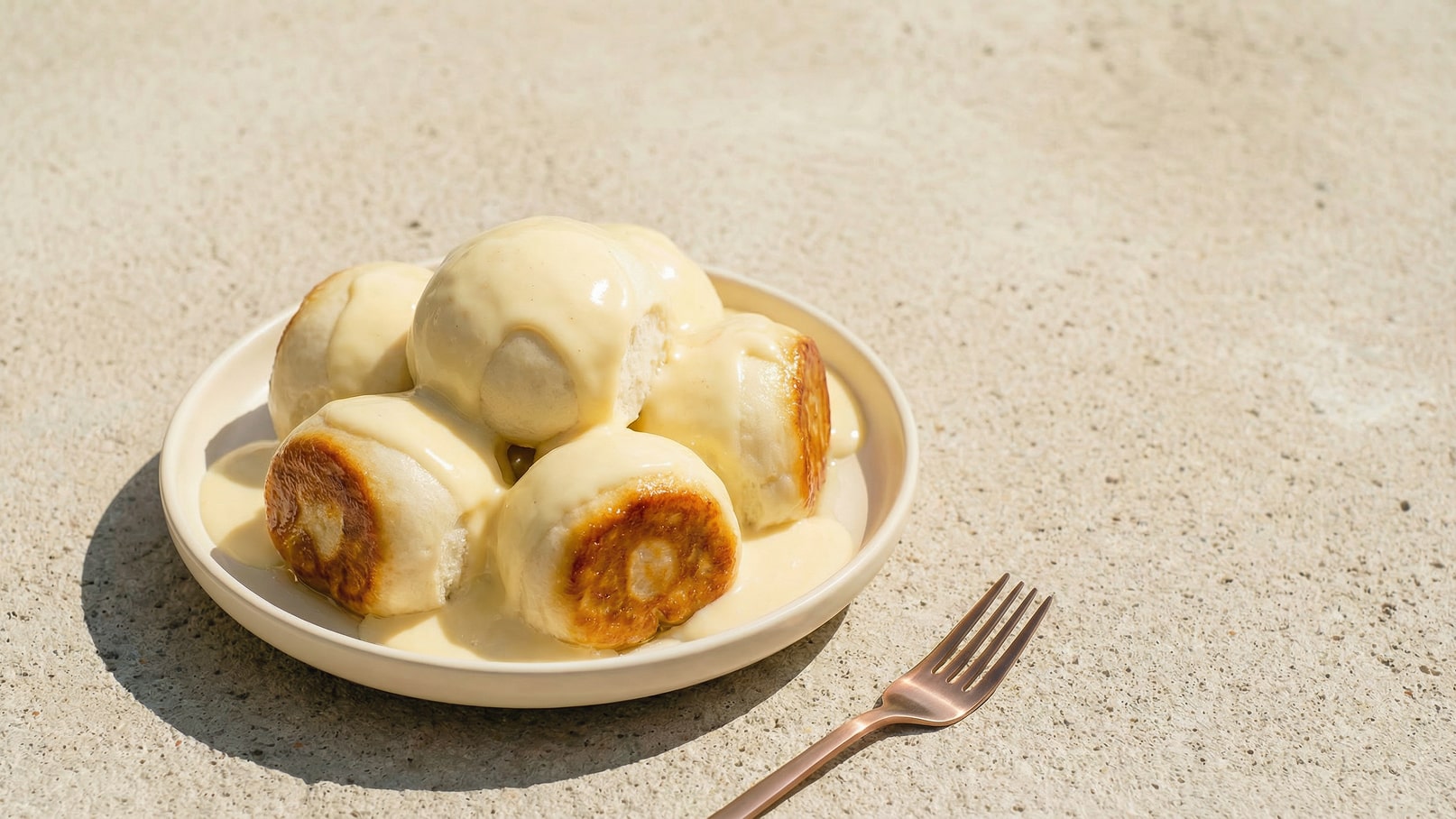 Auf einem Teller liegen mehrere runde, gebräunte Brötchen, die mit einer cremigen, hellen Soße überzogen sind. Daneben liegt eine rosafarbene Gabel. Die Brötchen wirken weich und einladend, ideal für ein Dessert oder einen Snack.