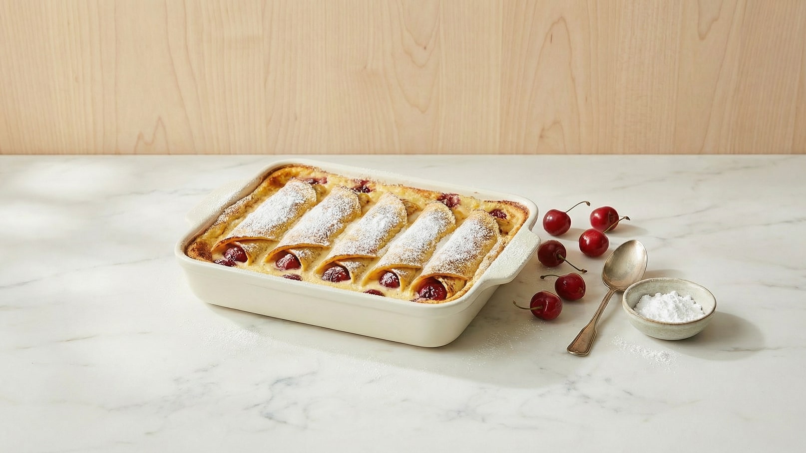 Ein rechteckiges Backblech enthält fünf mit Kirschen gefüllte Eierpfannkuchen, bestreut mit Puderzucker. Neben dem Blech liegen einige Kirschen, ein Löffel und eine kleine Schüssel mit Puderzucker auf einem hellen Marmortisch.