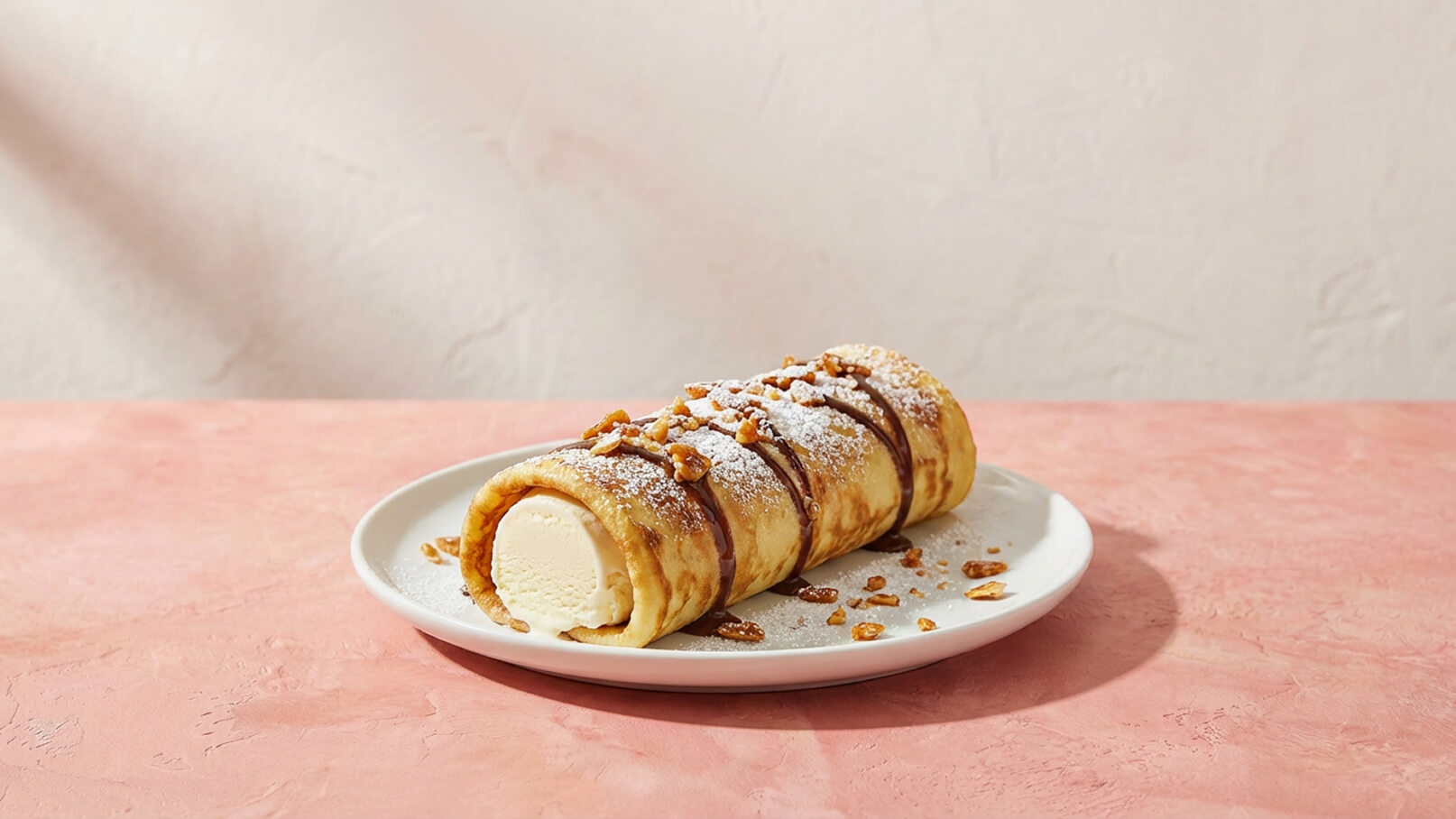 Ein Stück gefüllter Pfannkuchen auf einem weißen Teller. Der Pfannkuchen ist mit Schokolade überzogen und mit Puderzucker sowie gehackten Nüssen bestreut. In der Mitte ist eine Portion Eis sichtbar. Der Hintergrund ist sanft rosa.