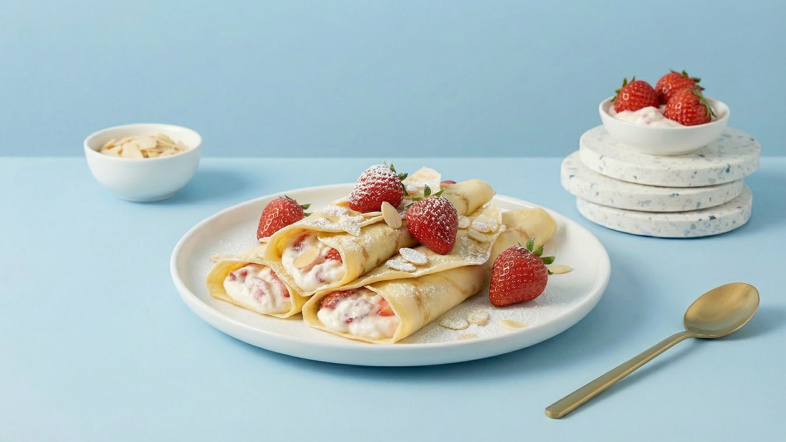 Ein Teller mit gefüllten Crepes, dekoriert mit frischen Erdbeeren und Mandelsplittern. Puderzucker streut auf den Crepes. Daneben befindet sich eine kleine Schüssel mit weiteren Erdbeeren und Sahne sowie eine goldene Löffel. Der Hintergrund ist in sanftem Blau gehalten.
