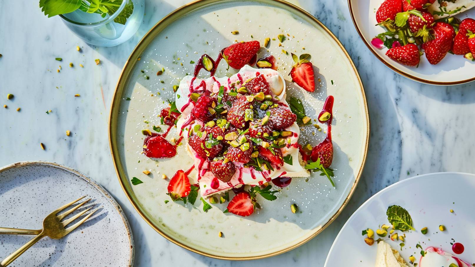 Ein Teller mit Pavlova, garniert mit frischen Erdbeeren, Himbeeren und gehackten Pistazien. Darüber ein roter Fruchtsoß und Puderzucker. Der Hintergrund ist eine marmorierte Oberfläche.