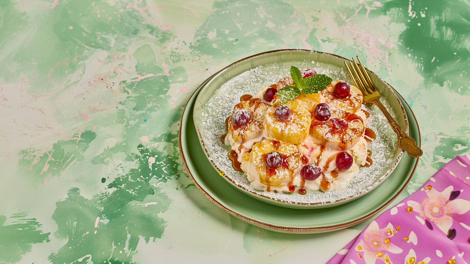 Ein Teller mit frisch gebackenen Gebäcken, garniert mit roten Kirschen und einer Creme, wird von Puderzucker bestäubt. Ein Minzblatt verleiht dem Dessert Frische. Der Teller steht auf einem sanft grünen Hintergrund. Ein goldener Teelöffel ruht neben dem Teller.