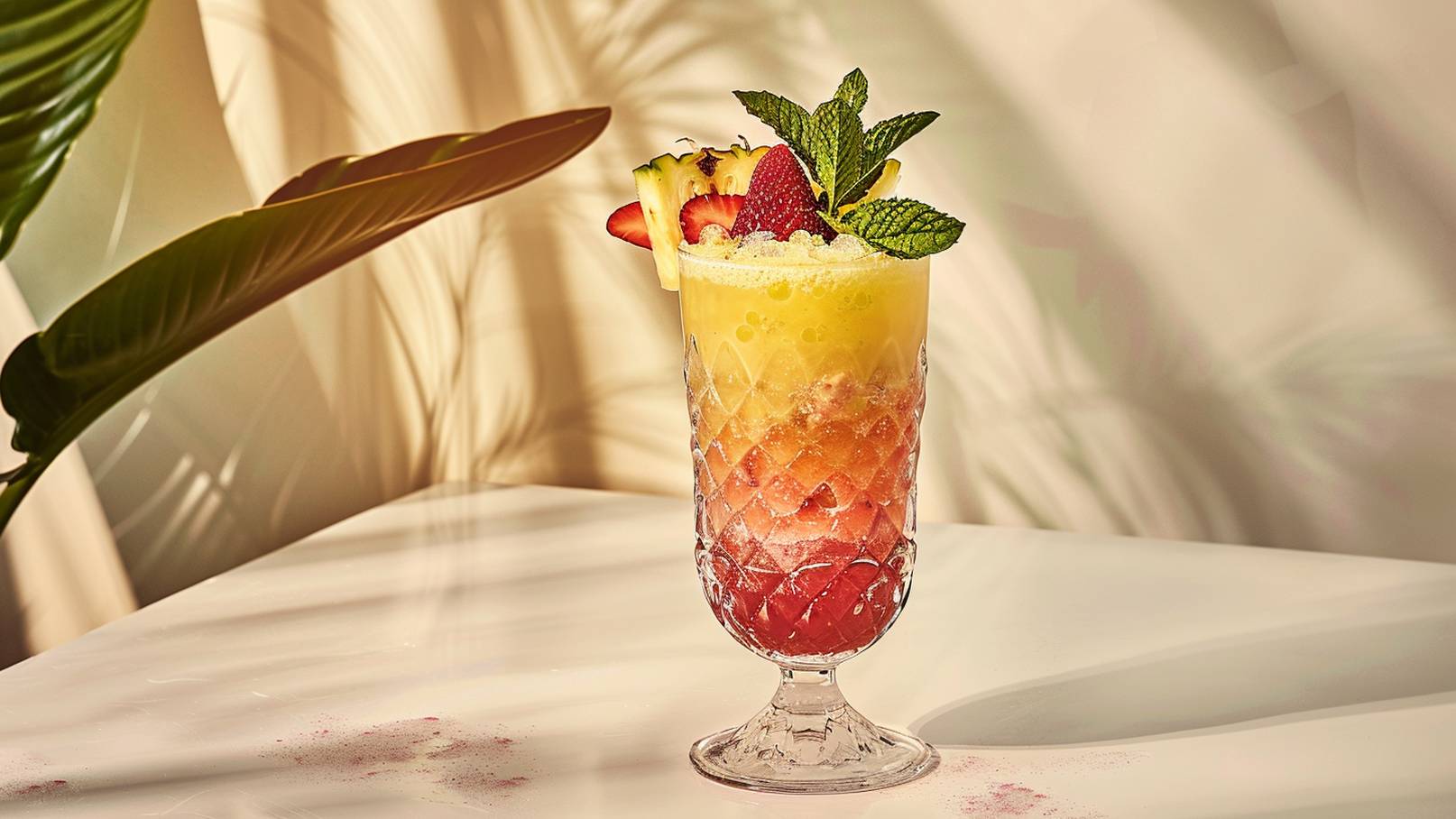 Ein farbenfroher Cocktail in einem eleganten Glas, gefüllt mit gelbem und rotem Getränk. Oben garnieren frische Minzblätter, eine Erdbeere und zwei Ananasscheiben. Der Hintergrund enthält sanfte Schatten und dezente Farbverläufe.
