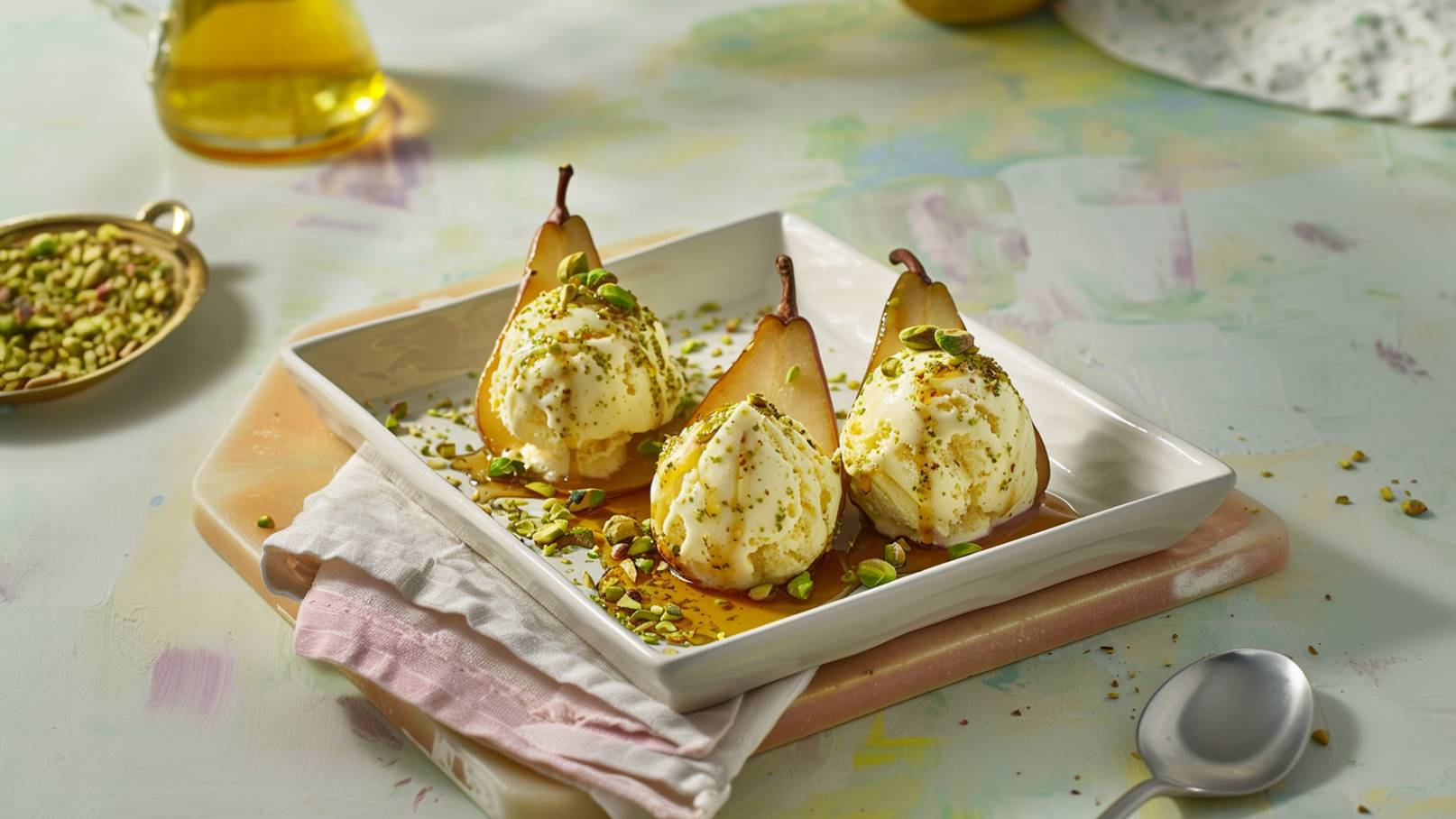 Ein Dessert aus drei halben Birnen, die mit einer Kugel Vanilleeis und gehackten Pistazien garniert sind. Die Birnen sind mit einer süßen Sauce überzogen und auf einem weißen Teller angerichtet. Eine kleine Schale mit weiteren Pistazien befindet sich im Hintergrund.