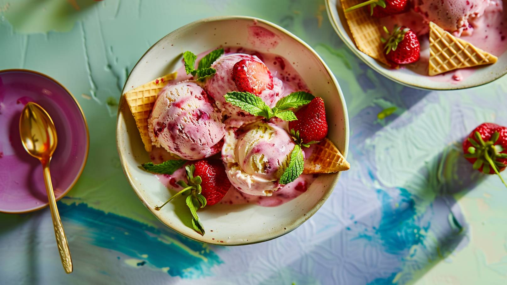 Eine Schüssel mit drei Kugeln Eis, darunter eine mit Erdbeergeschmack, garniert mit frischen Erdbeeren und Minzblättern. Auch Waffelstücke sind dekorativ angeordnet. Der Hintergrund ist farbenfroh und steht im Kontrast zu den zarten Eisfarben.