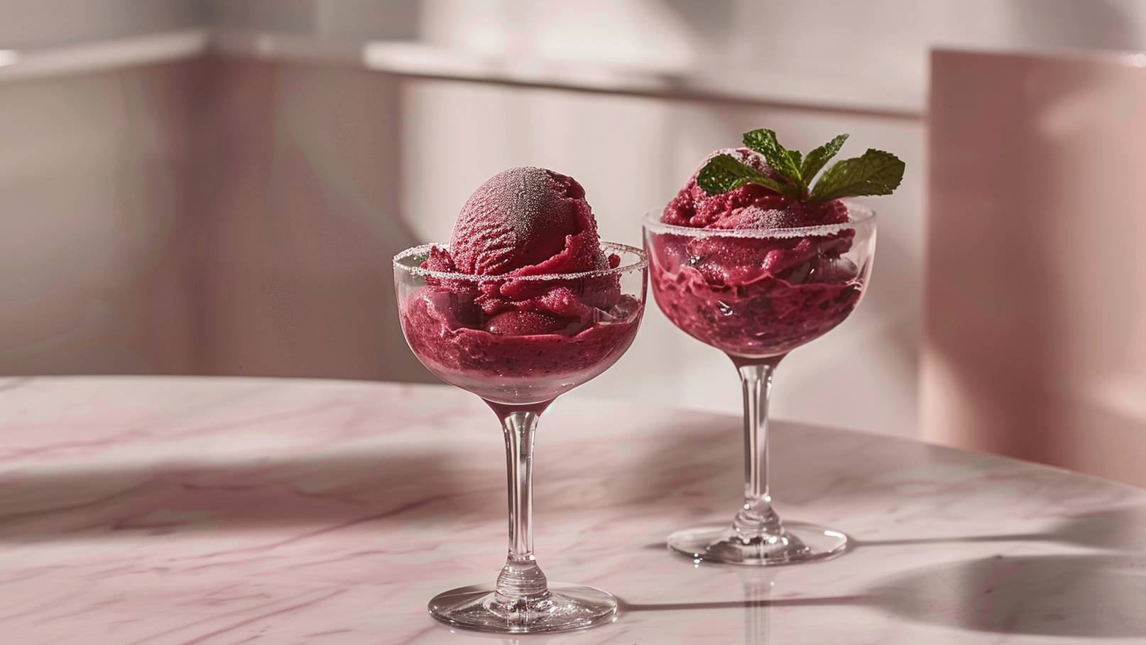 Zwei elegante Dessertschalen mit gefrorenem Beeren-Eis. Eine Schale enthält eine große Kugel Eis, die andere eine Mischung aus Sorbet. Beide sind mit einer Zuckerrand versehen, und die zweite Schale ist mit einem frischen Minzblatt dekoriert. Die Schalen stehen auf einem marmorierten Tisch.