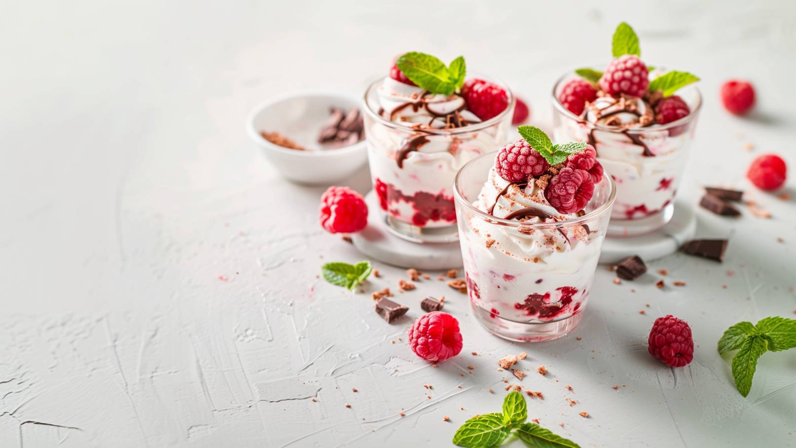 Drei Gläser mit Dessert sind angeordnet, gefüllt mit einer Mischung aus Sahne, Himbeeren und Schokoladensoße. Jedes Glas ist mit frischen Himbeeren und Minzblättern dekoriert. Um die Gläser herum liegen einige Himbeeren und Schokoladenstückchen auf einem hellen Untergrund.
