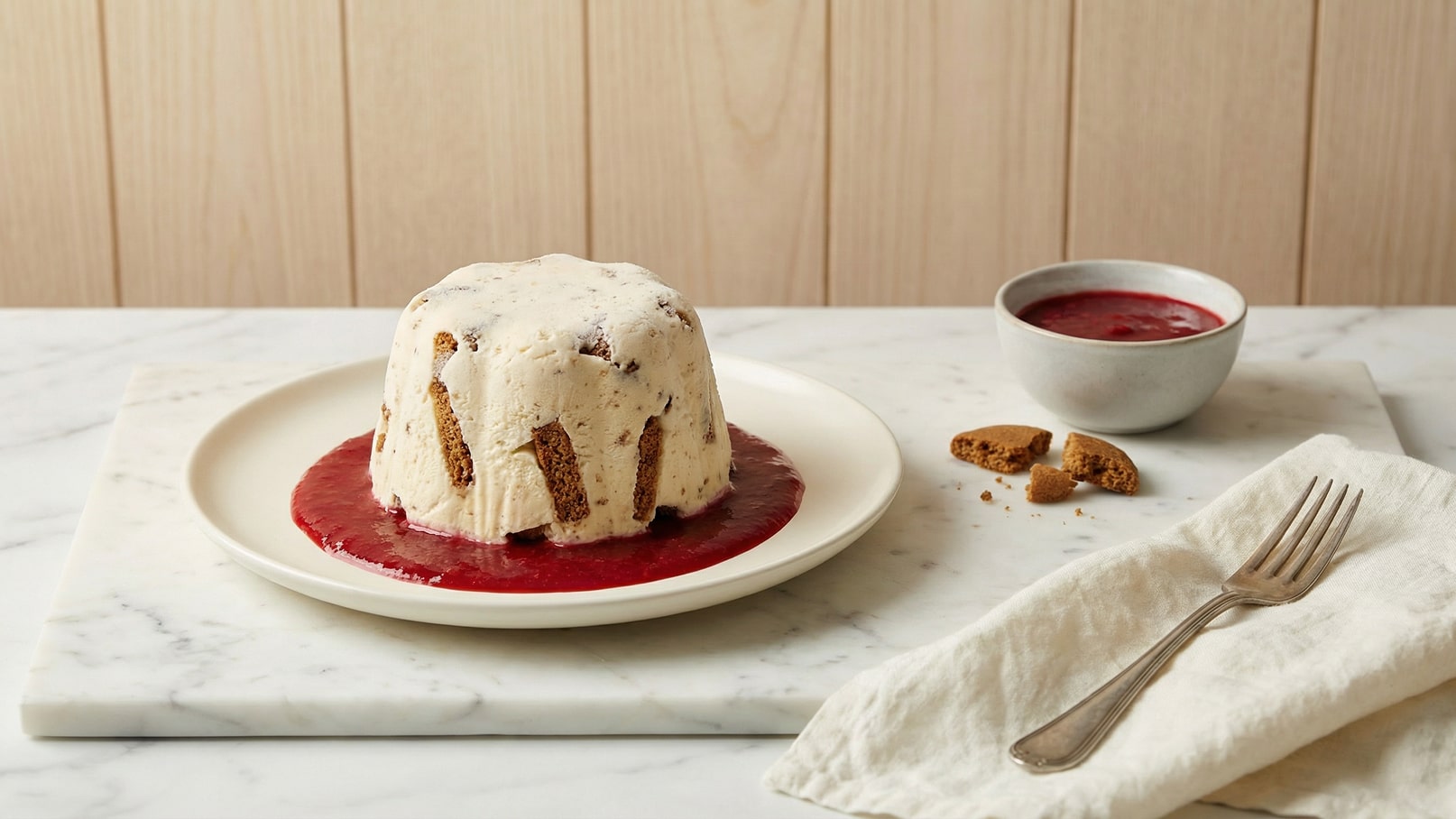 Ein runder, gefrorener Kuchen aus Sahne auf einem Teller, umgeben von roter Fruchtsoße. Neben dem Kuchen befindet sich eine kleine Schüssel mit zusätzlicher Soße und einige zerbröckelte Kekse. Der Tisch ist aus Marmor.
