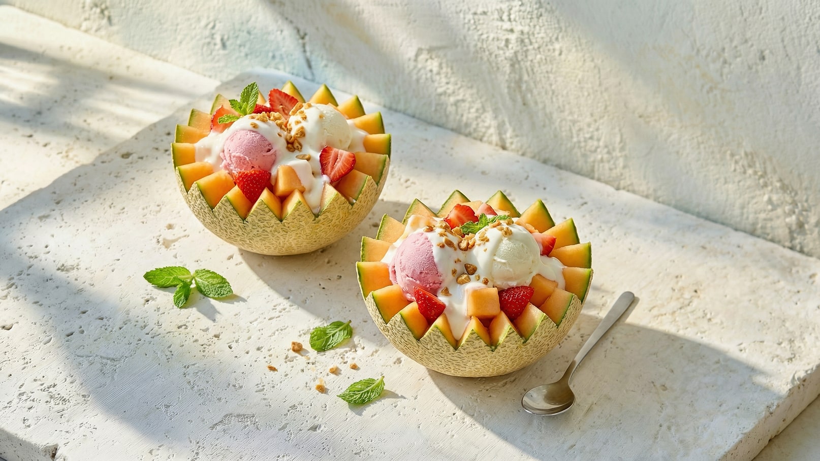 Zwei Bowls aus Melone gefüllt mit frischen Früchten, darunter Erdbeeren und Melonenstückchen, sowie zwei Kugeln Eis. Obenauf befindet sich Sahne und gehackte Nüsse. Eine grüne Minzeblatt garnieren die Desserts. Die Bowls sind auf einer hellen, strukturierten Oberfläche platziert.