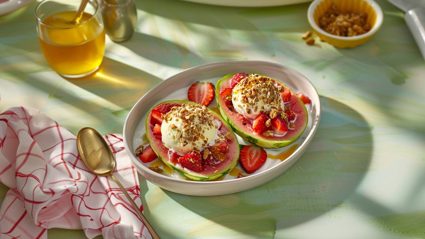 Ein Teller mit zwei halben Wassermelonen, gefüllt mit Erdbeeren, einer Kugel Vanilleeis und knusprigen Haferflocken. Um die Melonen herum liegen weitere Erdbeeren. Der Teller ist auf einer bunten Tischoberfläche platziert, während ein Löffel und ein Tuch daneben liegen.