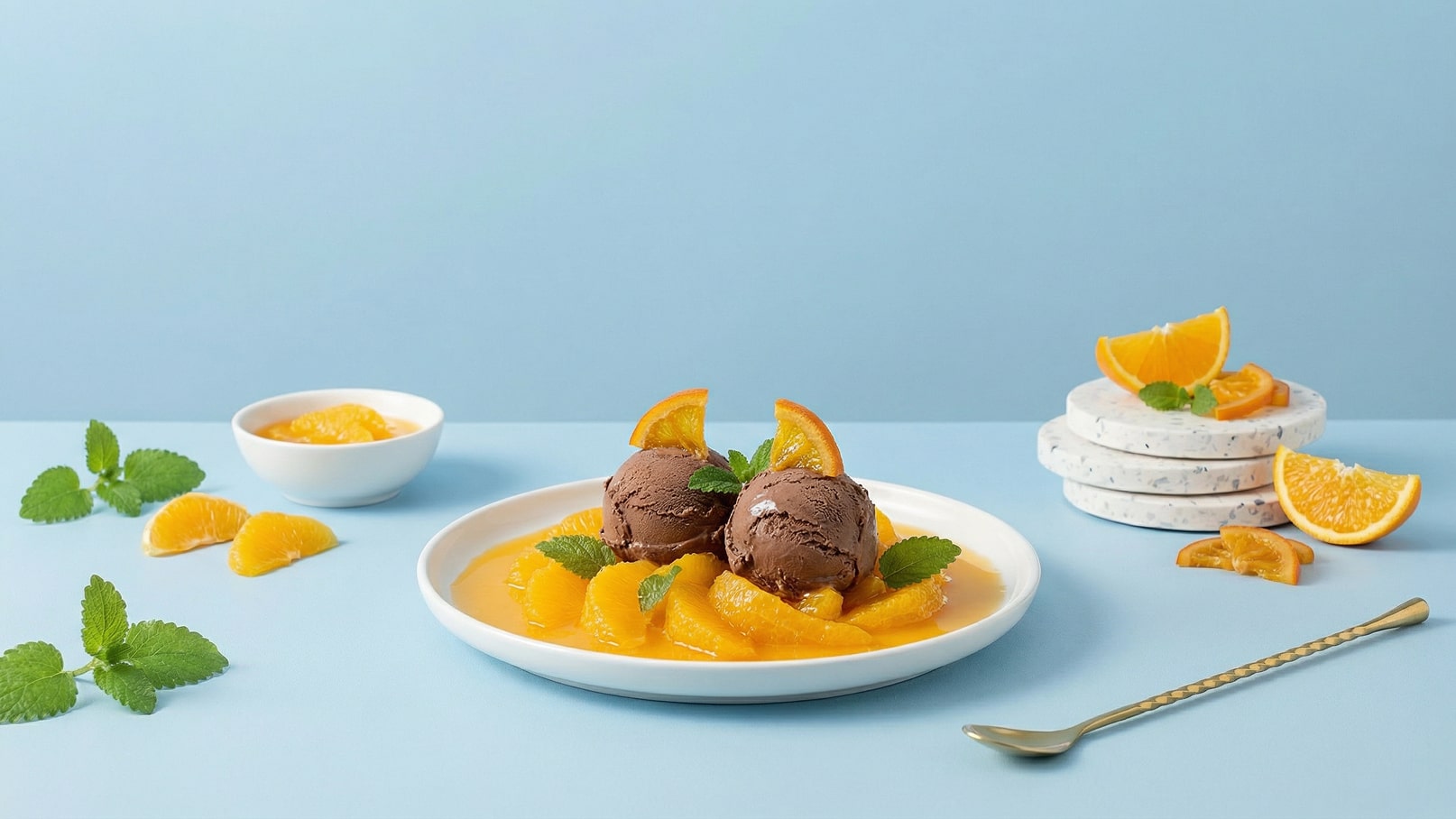 Ein weißer Teller mit Schokoladeneis in zwei Kugeln, umgeben von frischen Orangenscheiben und einer Orangensauce. Einige Minzblätter garnieren das Gericht. Im Hintergrund befindet sich eine kleine Schüssel mit weiteren Orangenscheiben und dekorierte Untersetzer. Der Hintergrund ist in sanftem Blau.