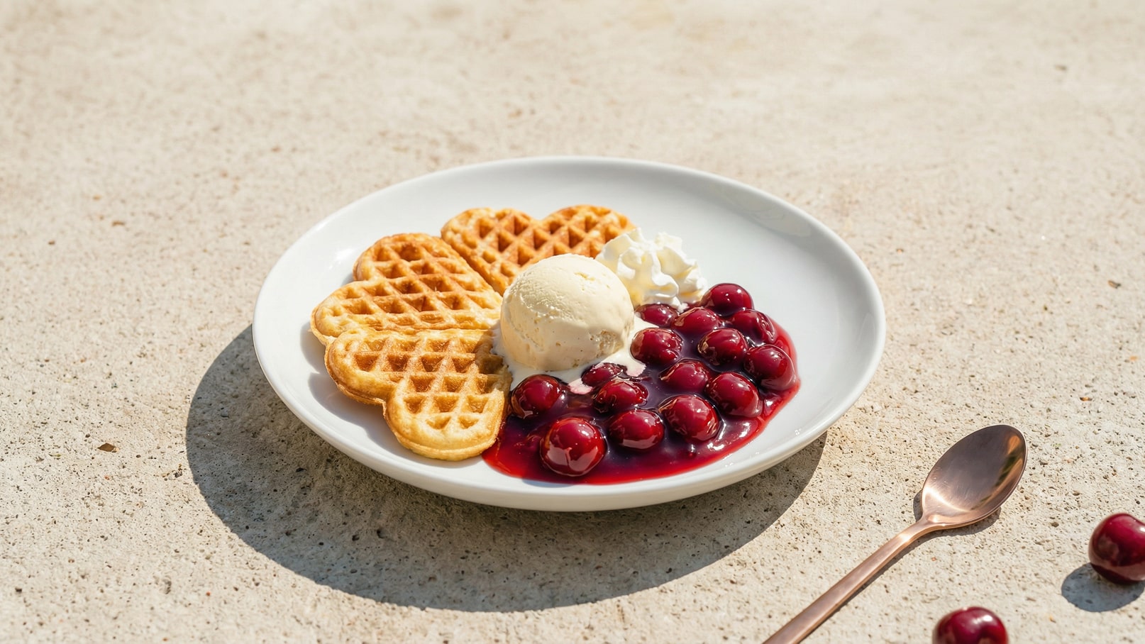 Ein weißer Teller mit drei Herzwaffeln, einer Kugel Vanilleeis und einer Portion Kirschsoße. Die Kirschen schwimmen in einer roten Soße, daneben befindet sich ein Klacks Schlagsahne. Am Rand liegt ein silberner Löffel.