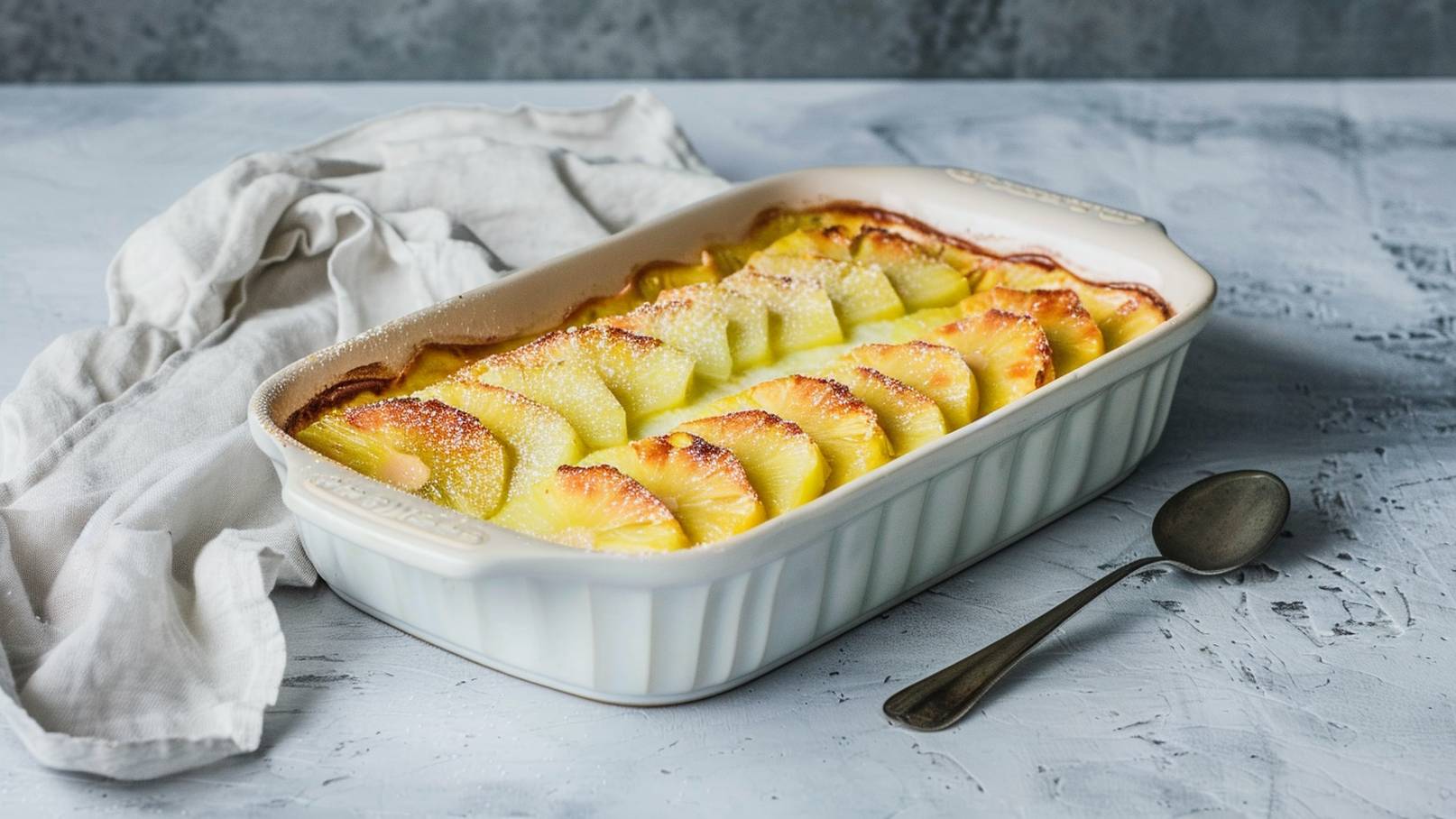 Eine weiße Auflaufform mit einem gefüllten Dessert, das mit goldbraun gebackenem Obst, insbesondere Ananas- und Birnenscheiben, dekoriert ist. Der Auflauf ist leicht mit Puderzucker bestäubt und steht auf einer hellen Oberfläche. Ein Esslöffel liegt daneben.