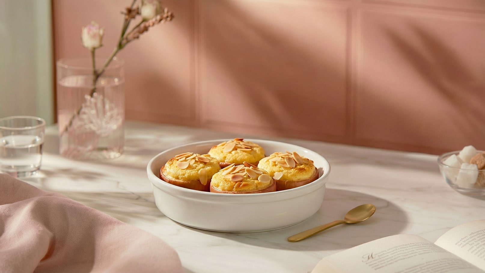 Ein weißer Teller mit vier frisch gebackenen Muffins, die mit gerösteten Mandeln bestreut sind. Im Hintergrund befindet sich ein Glas Wasser und eine zarte Blume in einer Glasvase. Die Szene hat eine warme, einladende Atmosphäre.