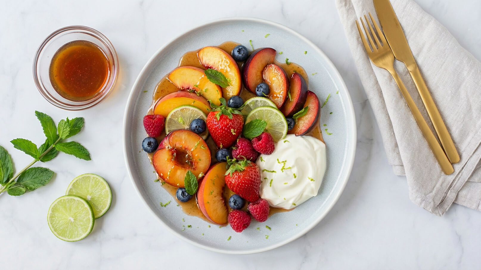 Ein Teller mit frischen Früchten, darunter Pfirsiche, Erdbeeren, Himbeeren und Heidelbeeren, ist mit einem Joghurtklecks und einem Schuss Sirup garniert. Limettenscheiben und Minzblätter ergänzen das Gericht. Die sorgfältige Anrichtung und bunten Farben laden zum Genießen ein.