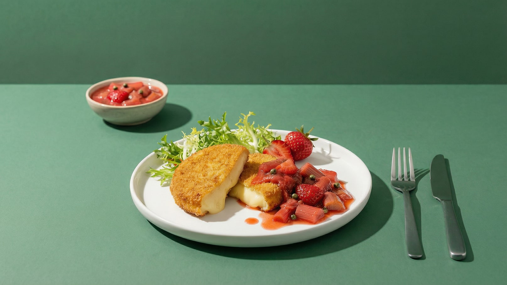 Auf einem weißen Teller liegt ein paniertes Käsegericht, umgeben von frischer Salatbeilage und einer fruchtigen Sauce aus Erdbeeren und Rhabarber. Im Hintergrund steht eine kleine Schüssel mit Erdbeersauce. Das Bild hat einen grünen Hintergrund.